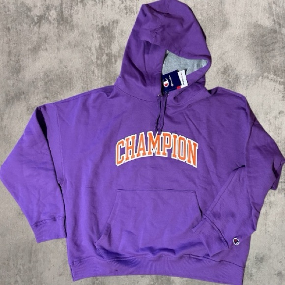 NWT Champion Purple Powerblend Hooded Sweatshirt Orange Block Logo Size 2XL - Picture 1 of 3